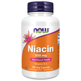 NOW Foods Niacine 500 mg 100 capsules, vue avant du flacon