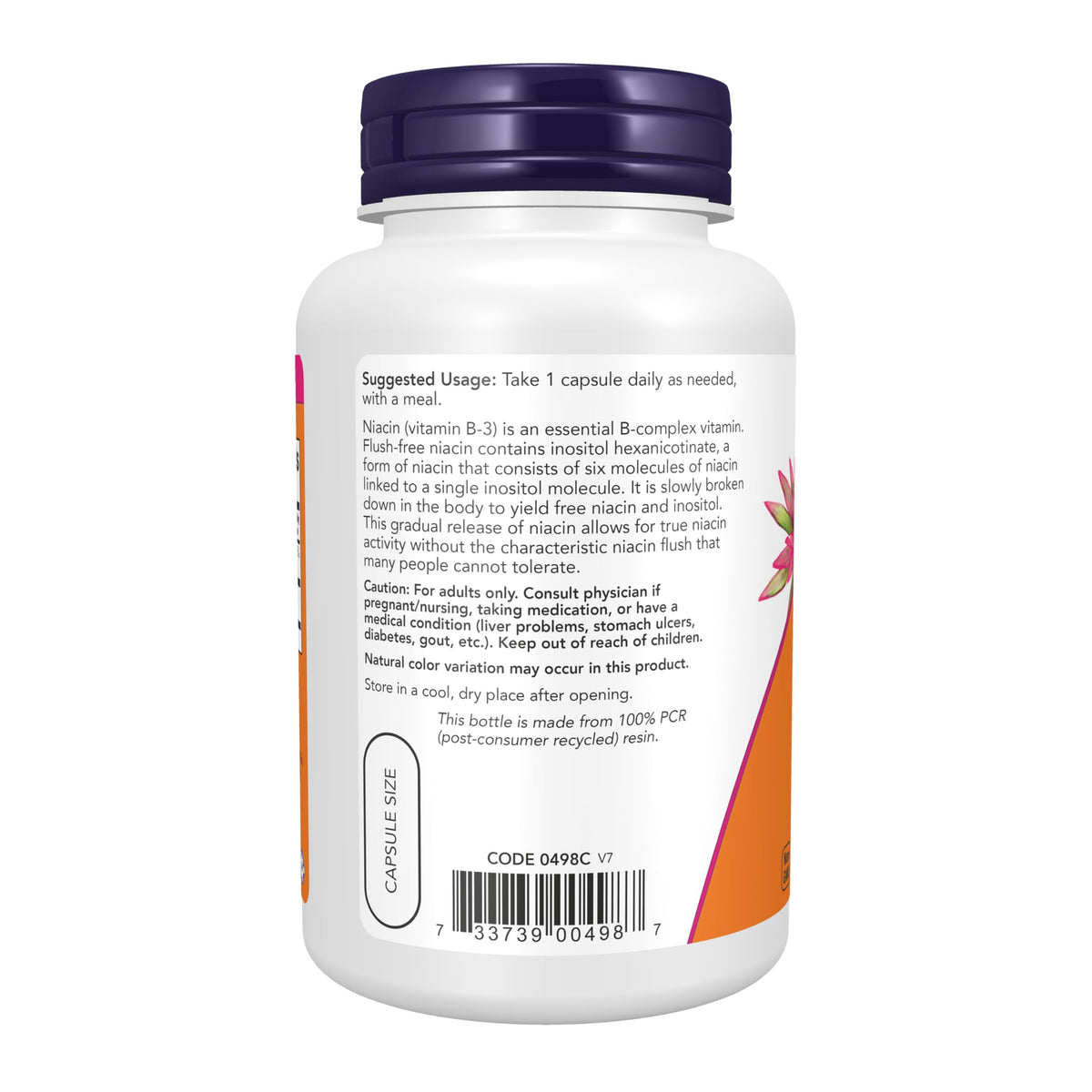NOW Foods Niacine 500 mg Capsules Végétales, côté