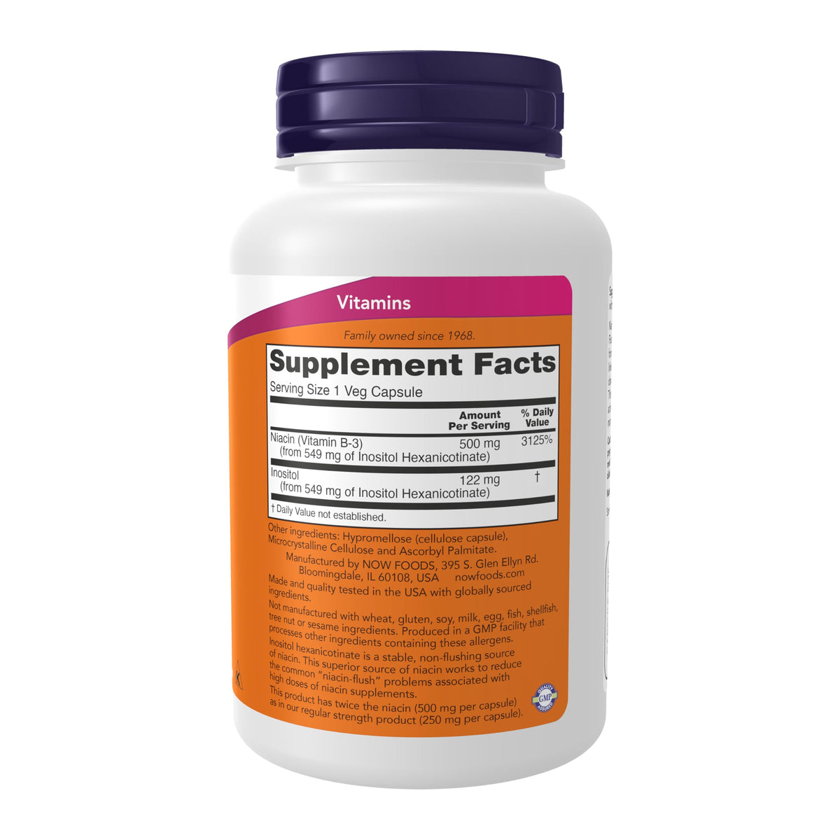 NOW Foods Niacine 500 mg Capsules Végétales, vue arrière