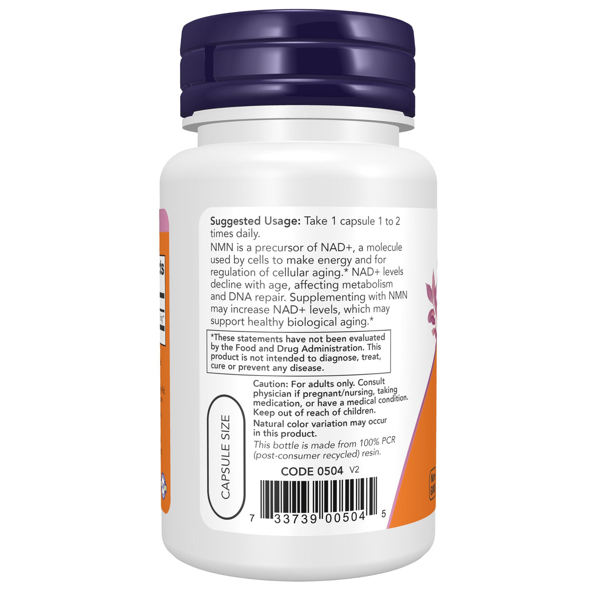 NOW Foods NMN 250 mg étiquette avec informations nutritionnelles