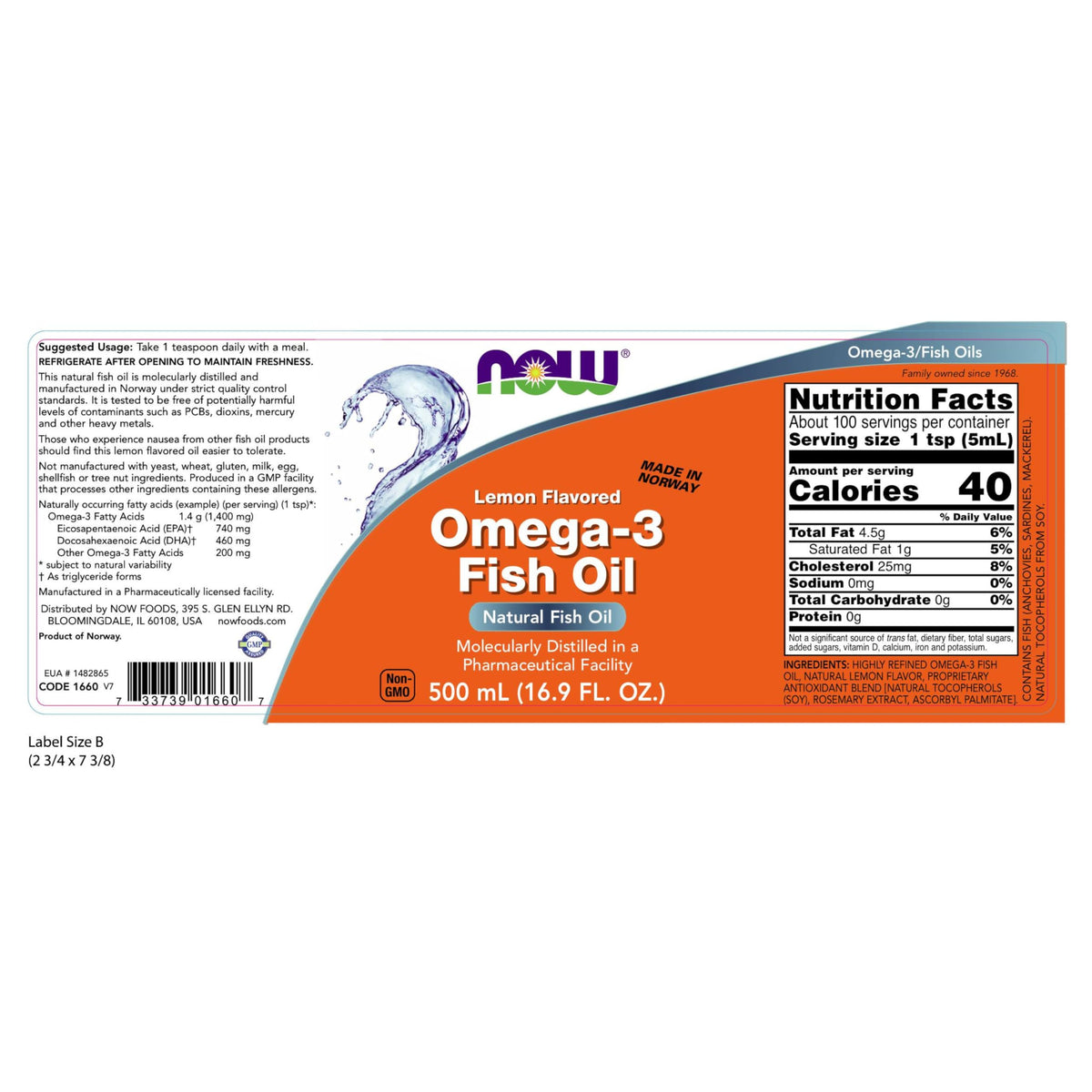 NOW Foods Omega-3 Huile de Poisson Citron 880 g étiquette avec informations nutritionnelles