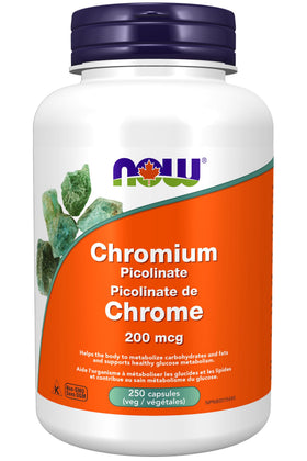 NOW Foods Picolinate de Chrome 200 mcg 250 capsules végétales - emballage avant