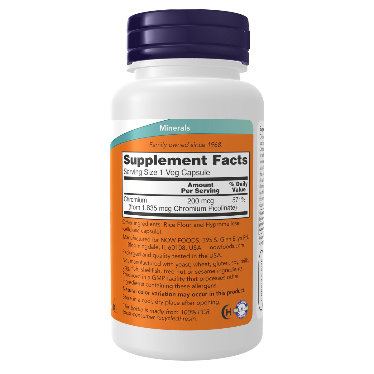 NOW Foods Picolinate de Chrome 200 mcg - étiquette avec ingrédients