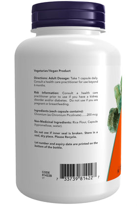 NOW Foods Picolinate de Chrome 200 mcg - vue des capsules dans le flacon