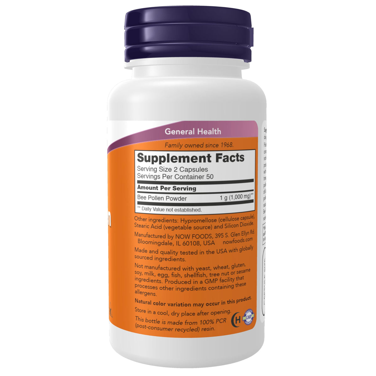 NOW Foods Pollen d'Abeille 500mg 100 capsules avec étiquette