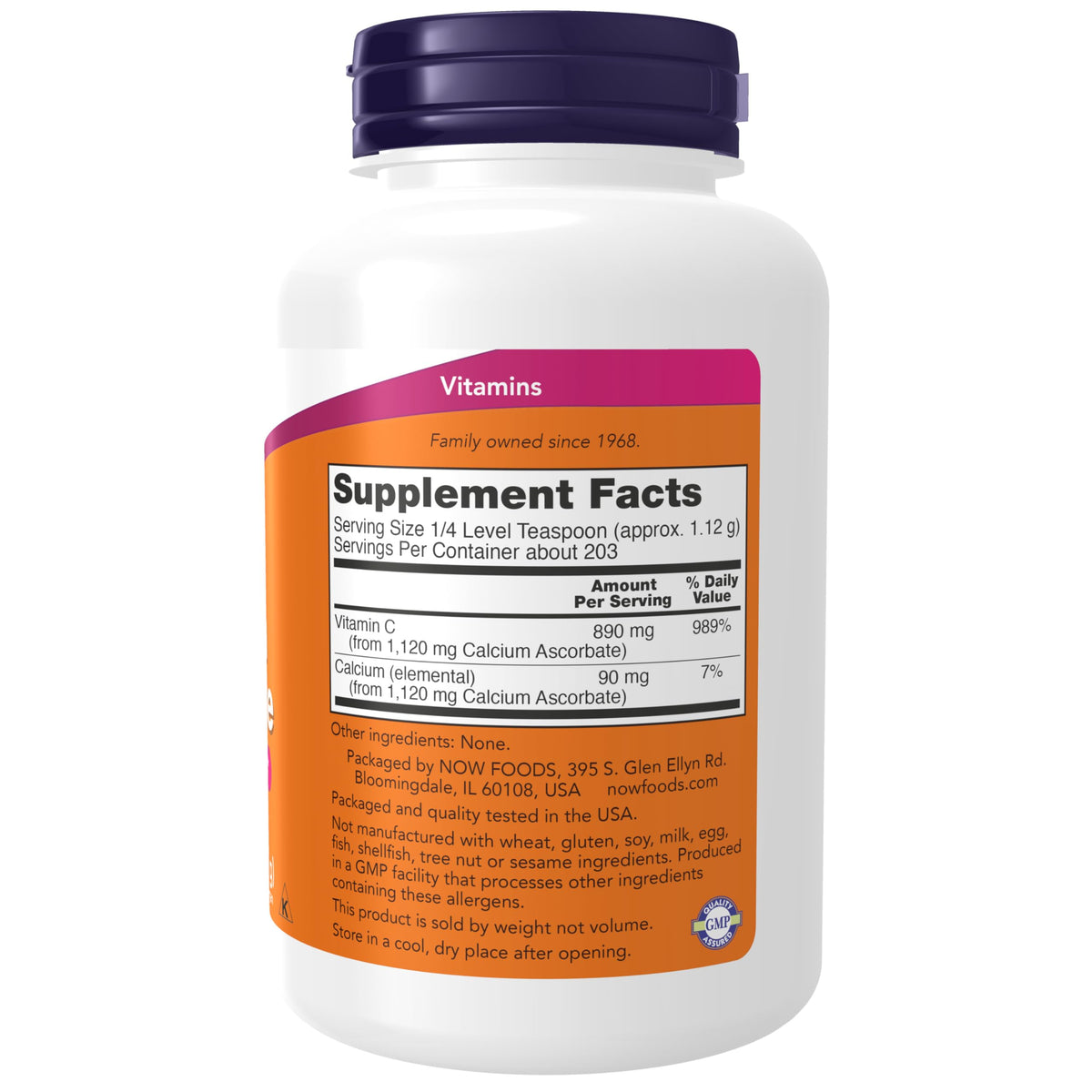 NOW Foods Poudre d'Ascrobate de Calcium 272g étiquette