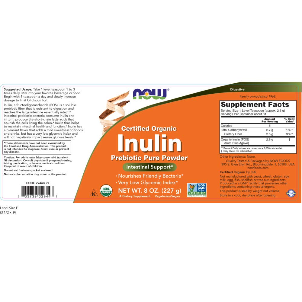NOW Foods Poudre d'Inuline Bio 300g emballage