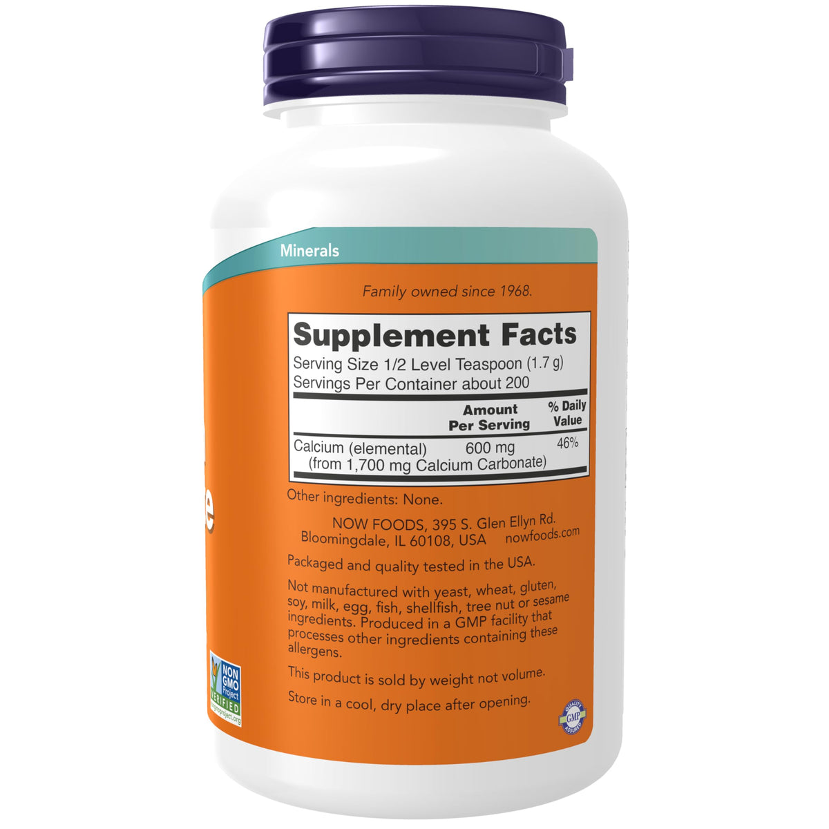NOW Foods Poudre de Carbonate de Calcium 399g vue de dos
