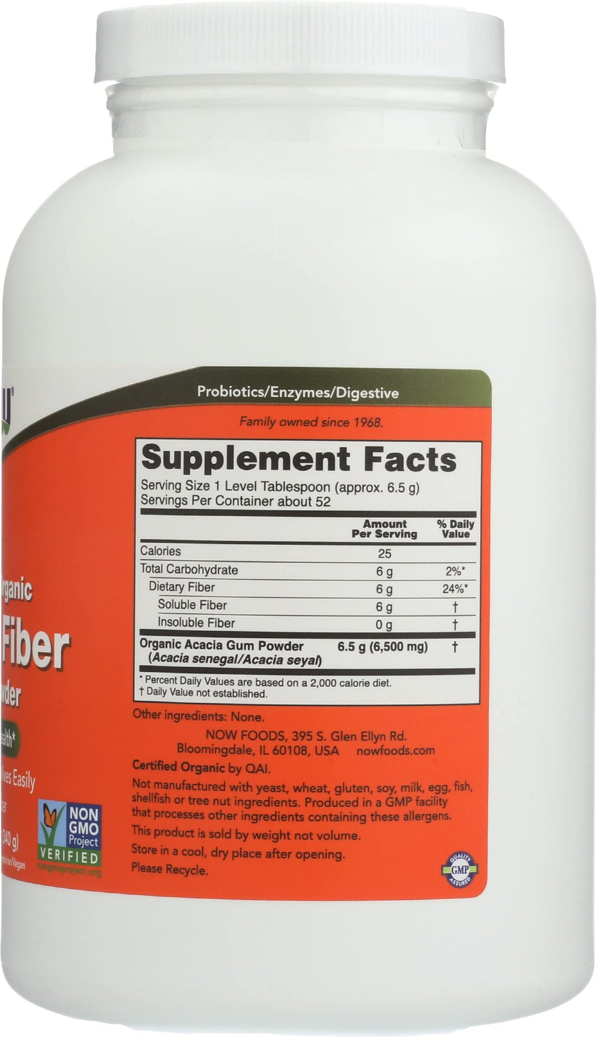 NOW Foods Poudre de Fibre d'Acacia Bio 408g avec ingrédients