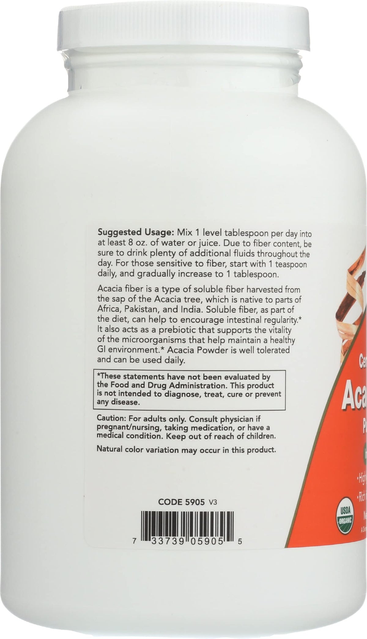 NOW Foods Poudre de Fibre d'Acacia Bio 408g sur une table