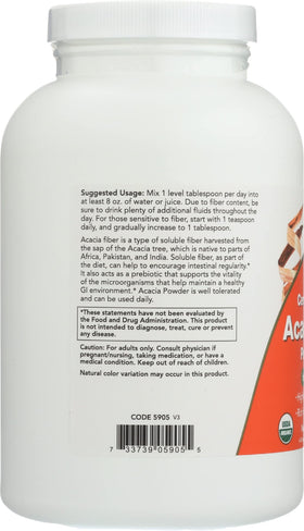 NOW Foods Poudre de Fibre d'Acacia Bio 408g sur une table