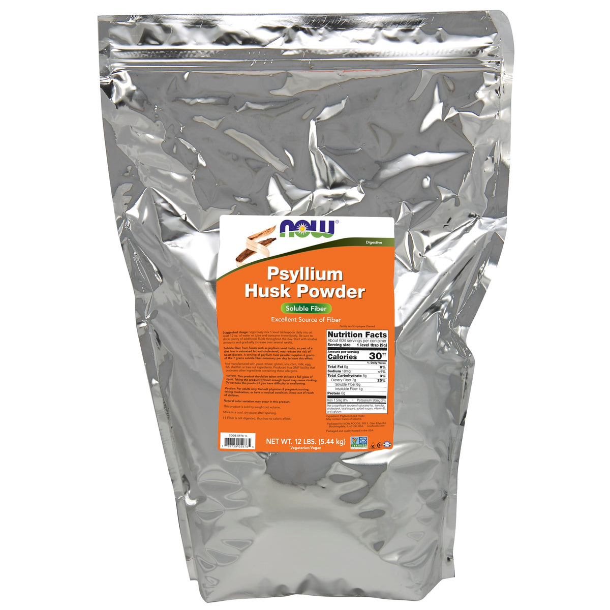 NOW Foods Poudre de Psyllium 12 lb vue de face avec emballage