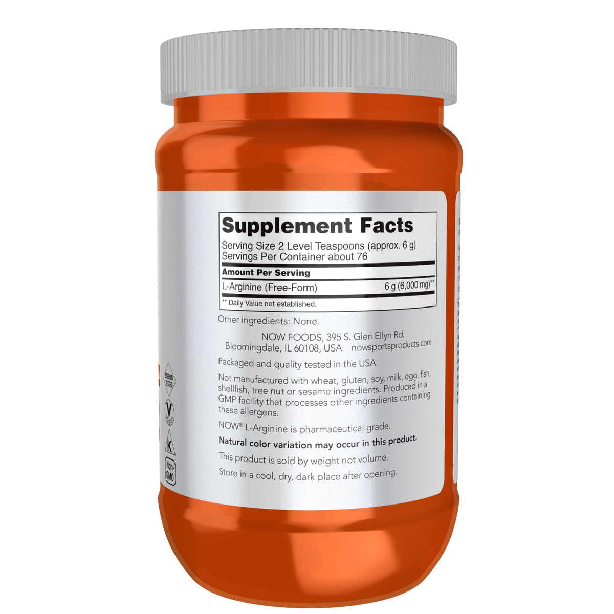 NOW Foods Poudre L-Arginine 540g vue arrière avec ingrédients