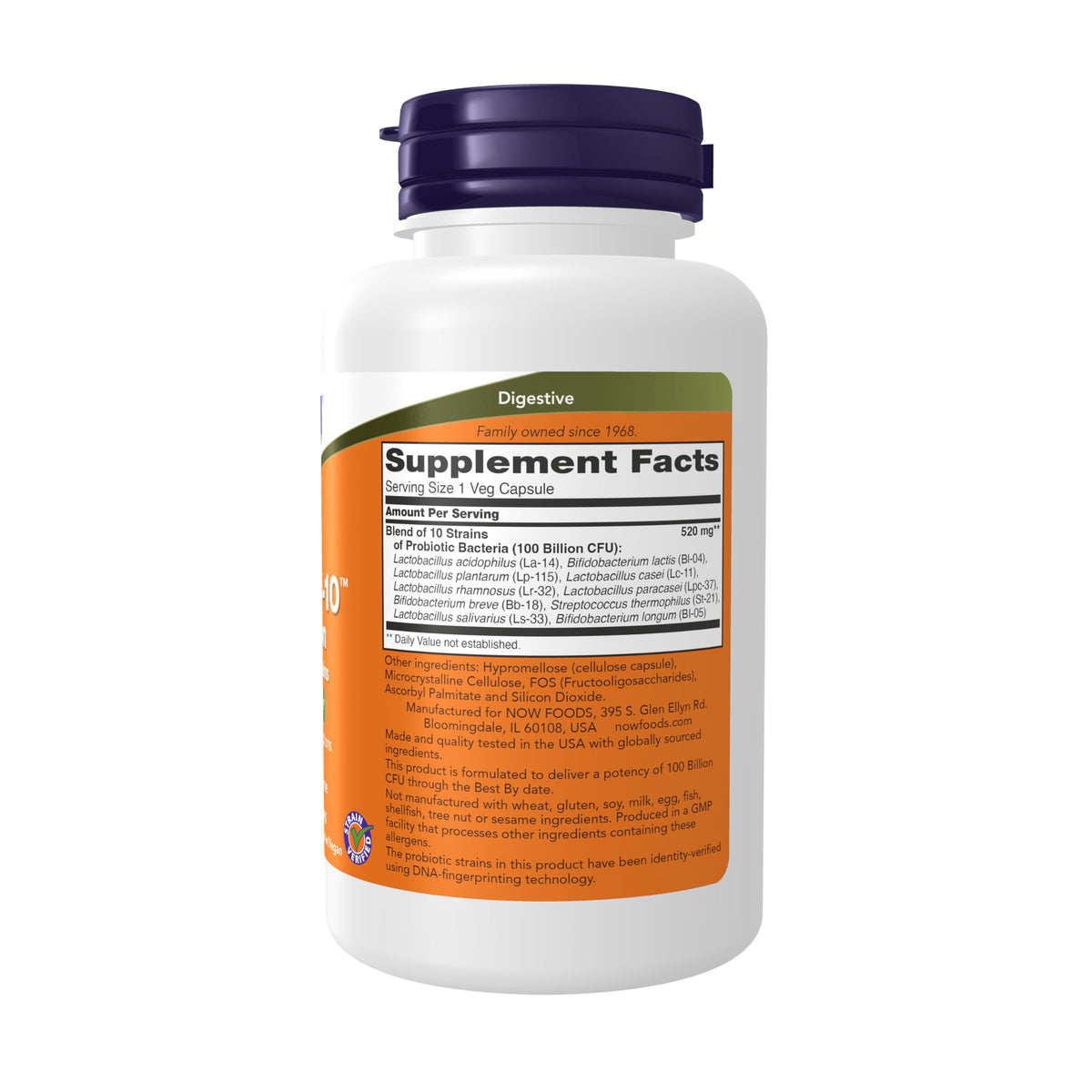NOW Foods Probiotic-10™ étiquette avec détails des souches probiotiques