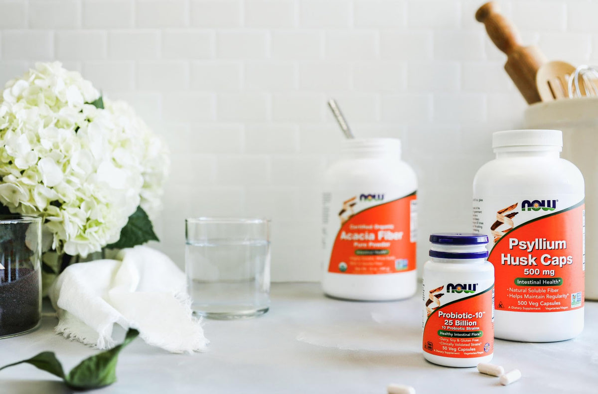 NOW Foods Psyllium Husk Caps 500 mg étiquette détaillant les ingrédients