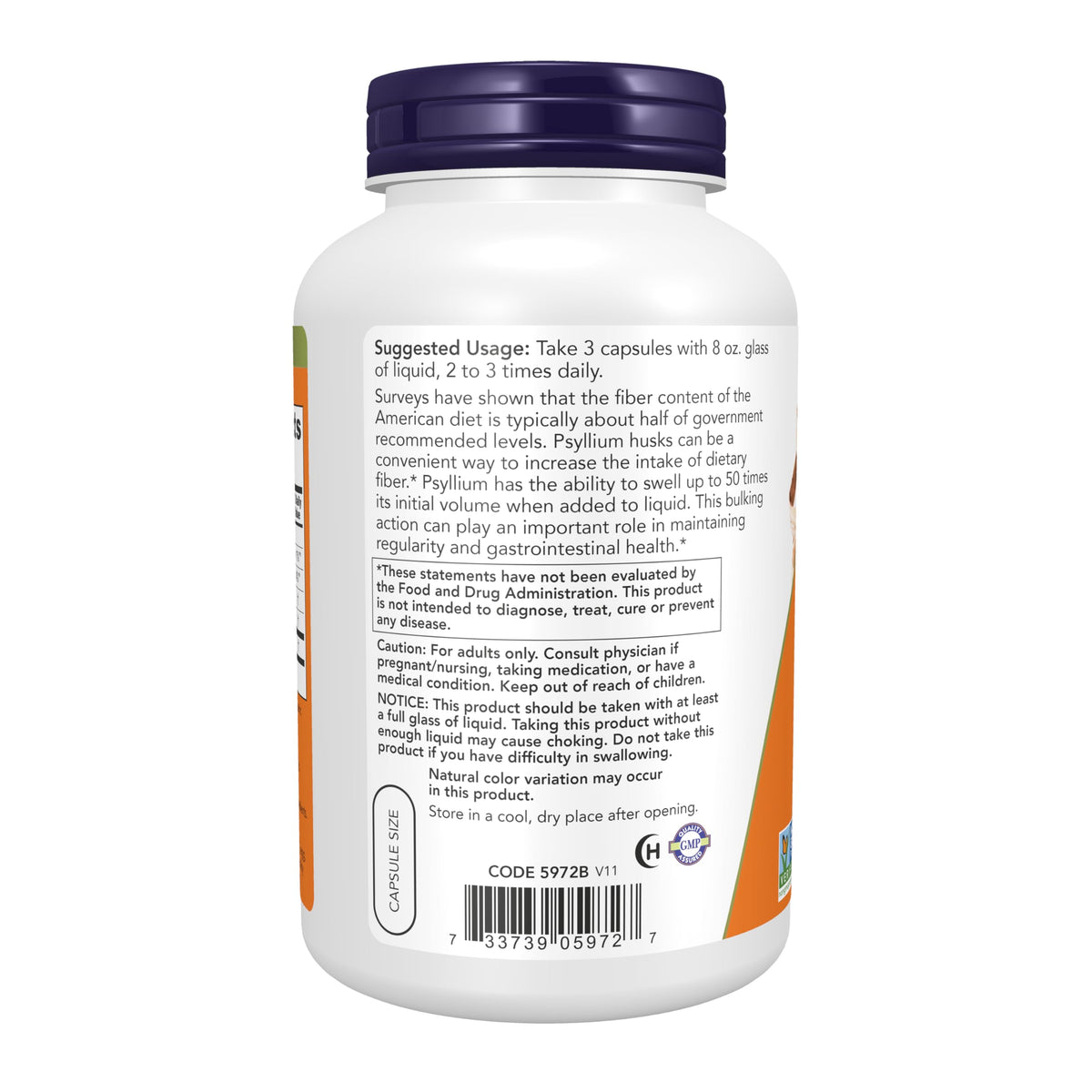 NOW Foods Psyllium Husk Caps 500 mg gélules sur fond blanc