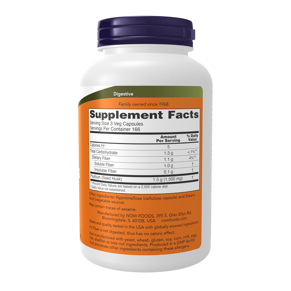 NOW Foods Psyllium Husk Caps 500 mg gélules végétales avec étiquette