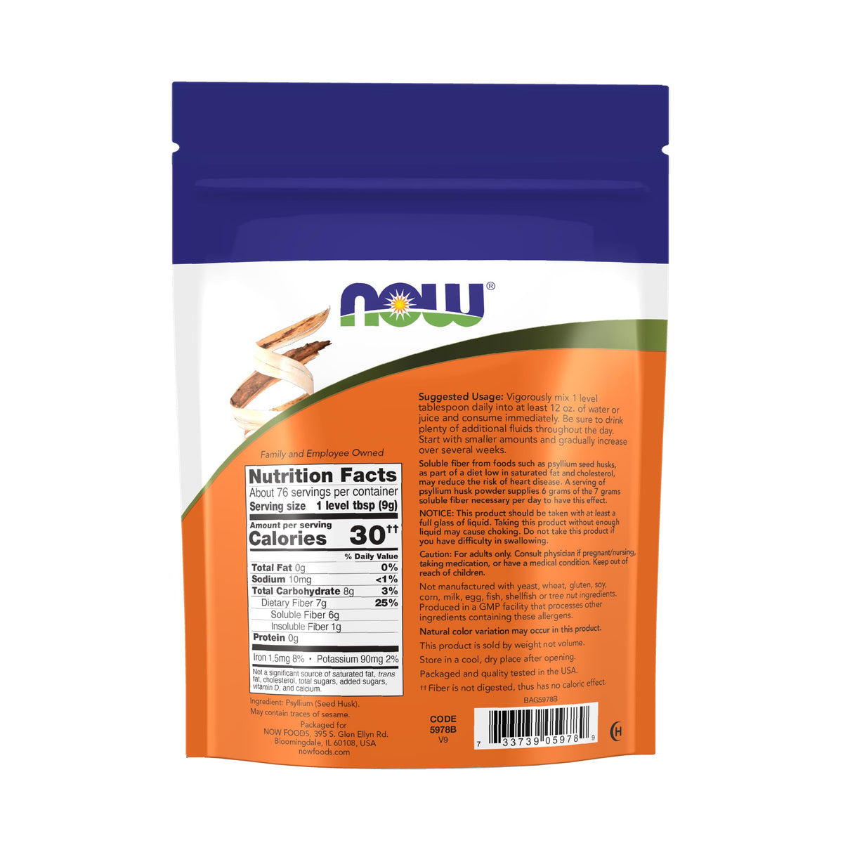 NOW Foods Psyllium Husk Powder 699g avec cuillère pour dosage