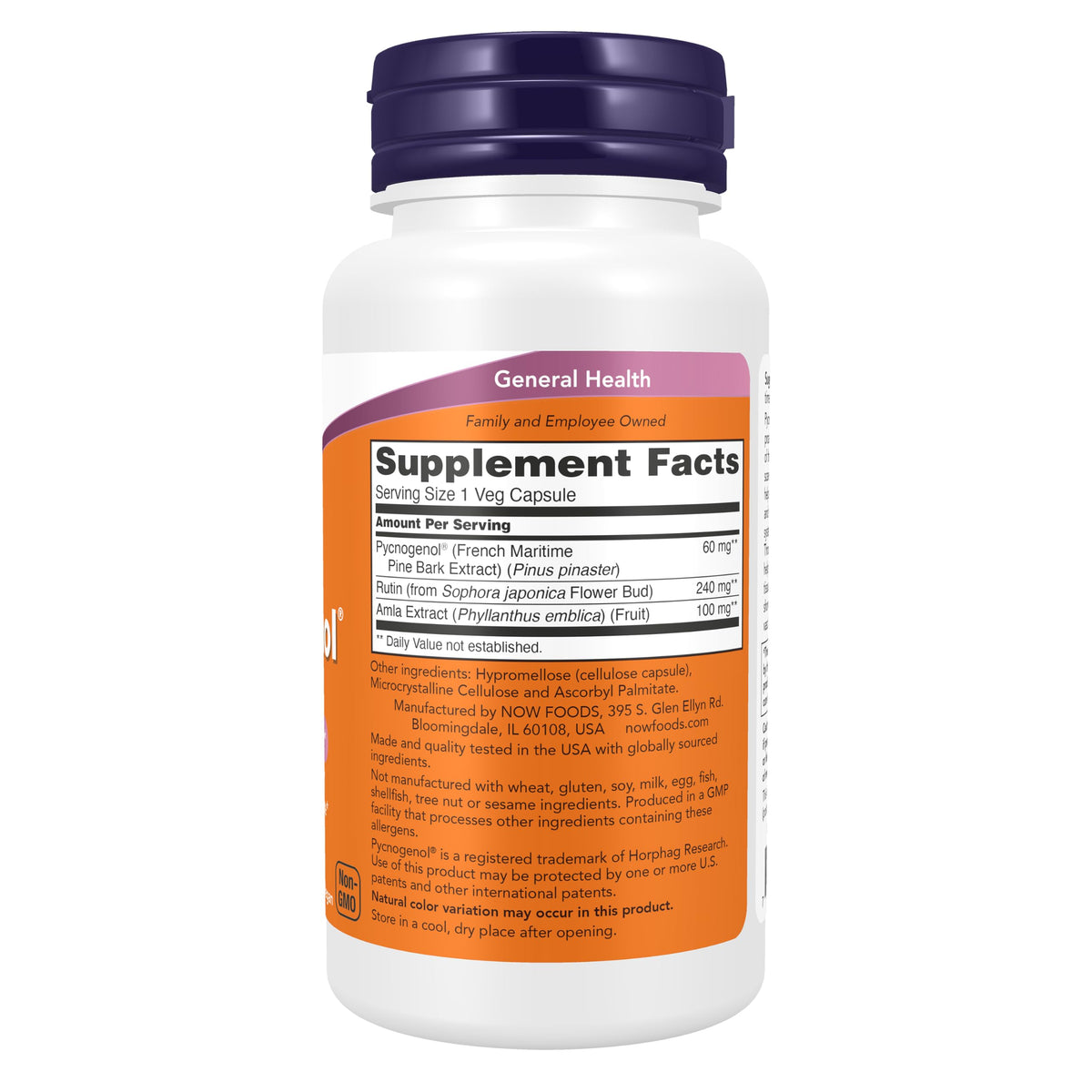 NOW Foods Pycnogenol 60 mg, capsules végétales avec étiquette visible