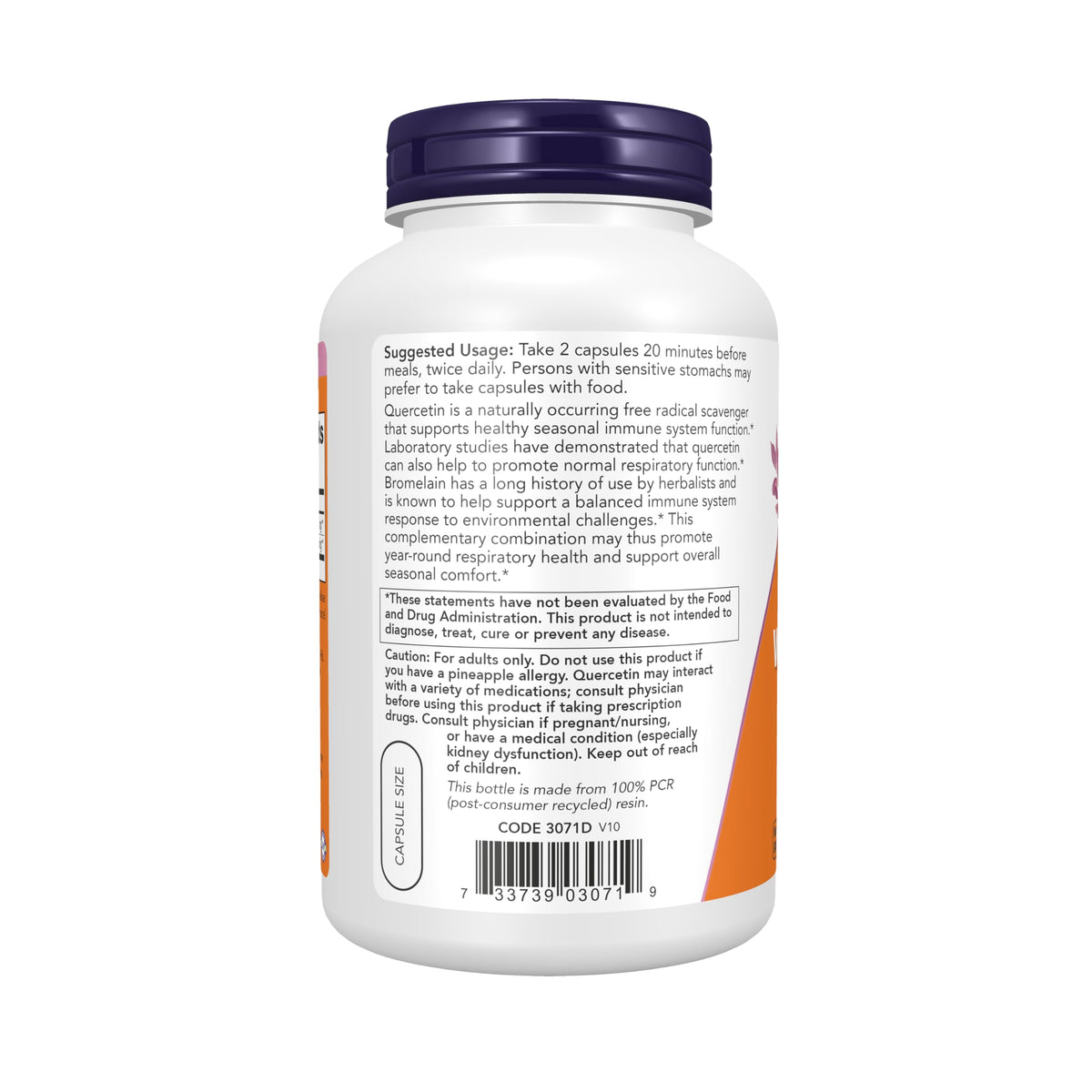 NOW Foods Quercétine avec Bromélaïne capsules végétales sur fond blanc