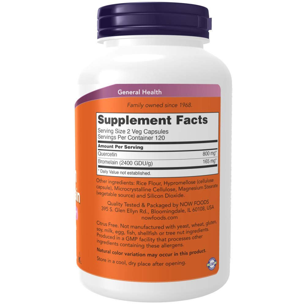 NOW Foods Quercétine avec Bromélaïne, emballage et informations nutritionnelles