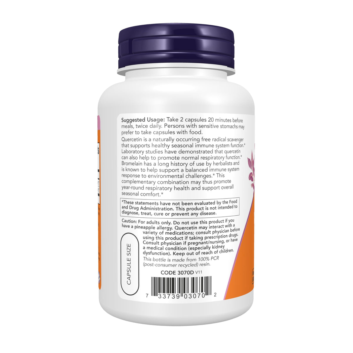 NOW Foods Quercétine avec Broméline emballage et informations nutritionnelles