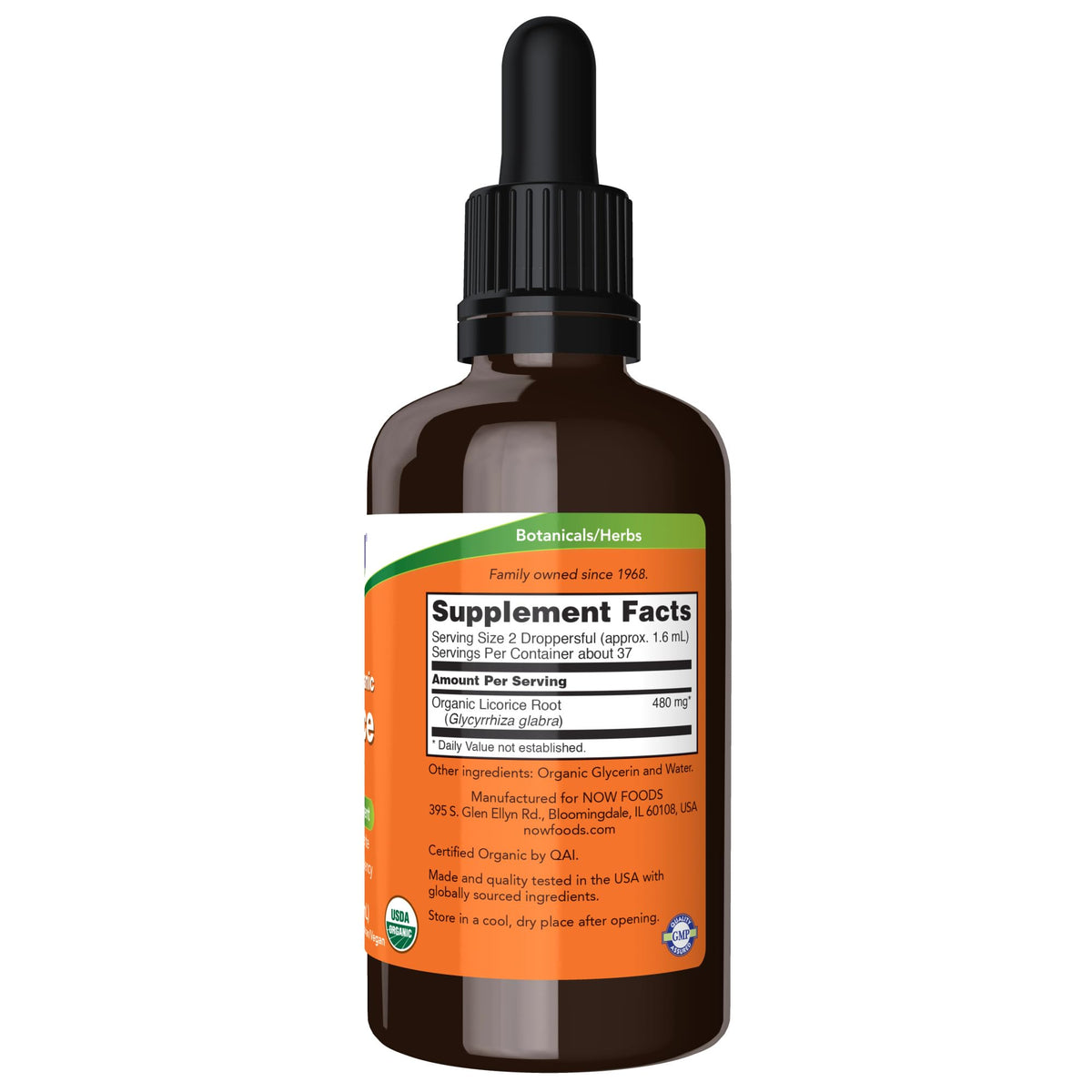 NOW Foods Racine de Réglisse Bio 480 mg étiquette avec ingrédients