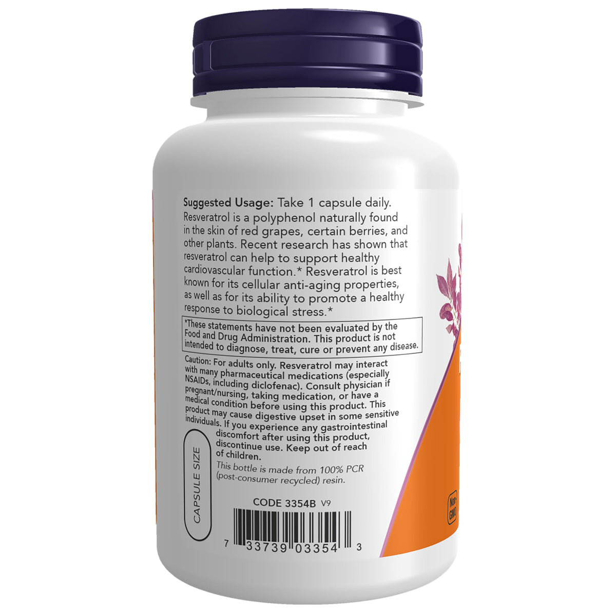 NOW Foods Resvératrol 200 mg 120 capsules végétales vue de côté