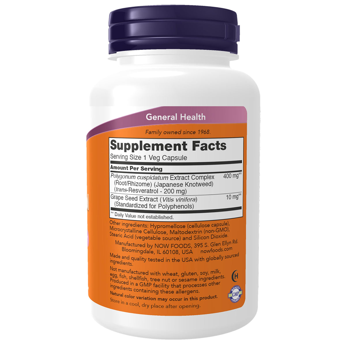 NOW Foods Resvératrol 200 mg étiquette avec ingrédients
