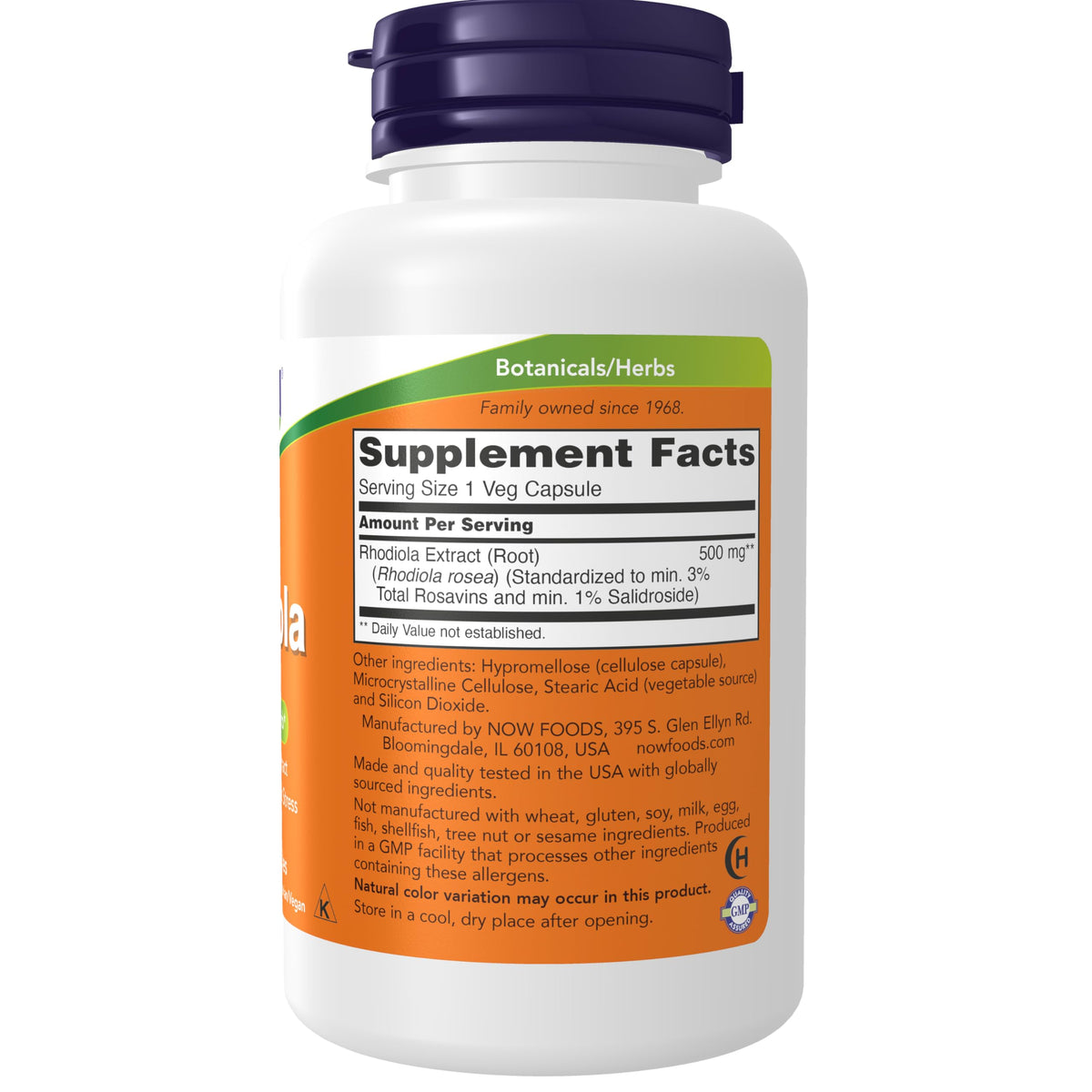NOW Foods Rhodiola 500 mg capsules végétales, arrière de l'emballage
