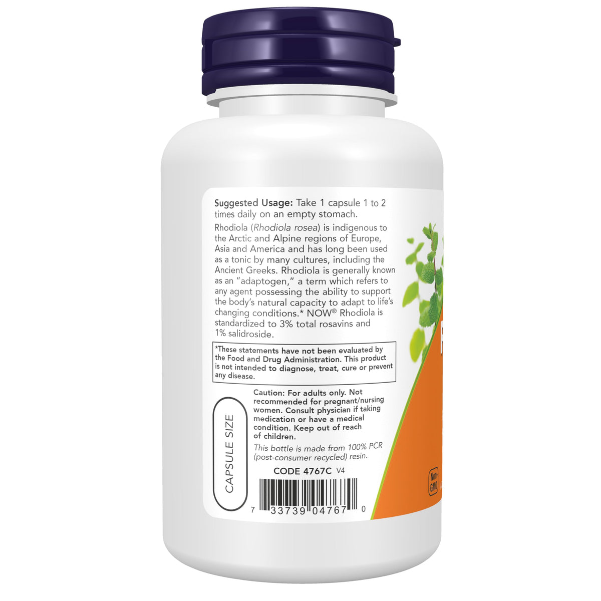 NOW Foods Rhodiola 500 mg capsules végétales, côté de l'emballage