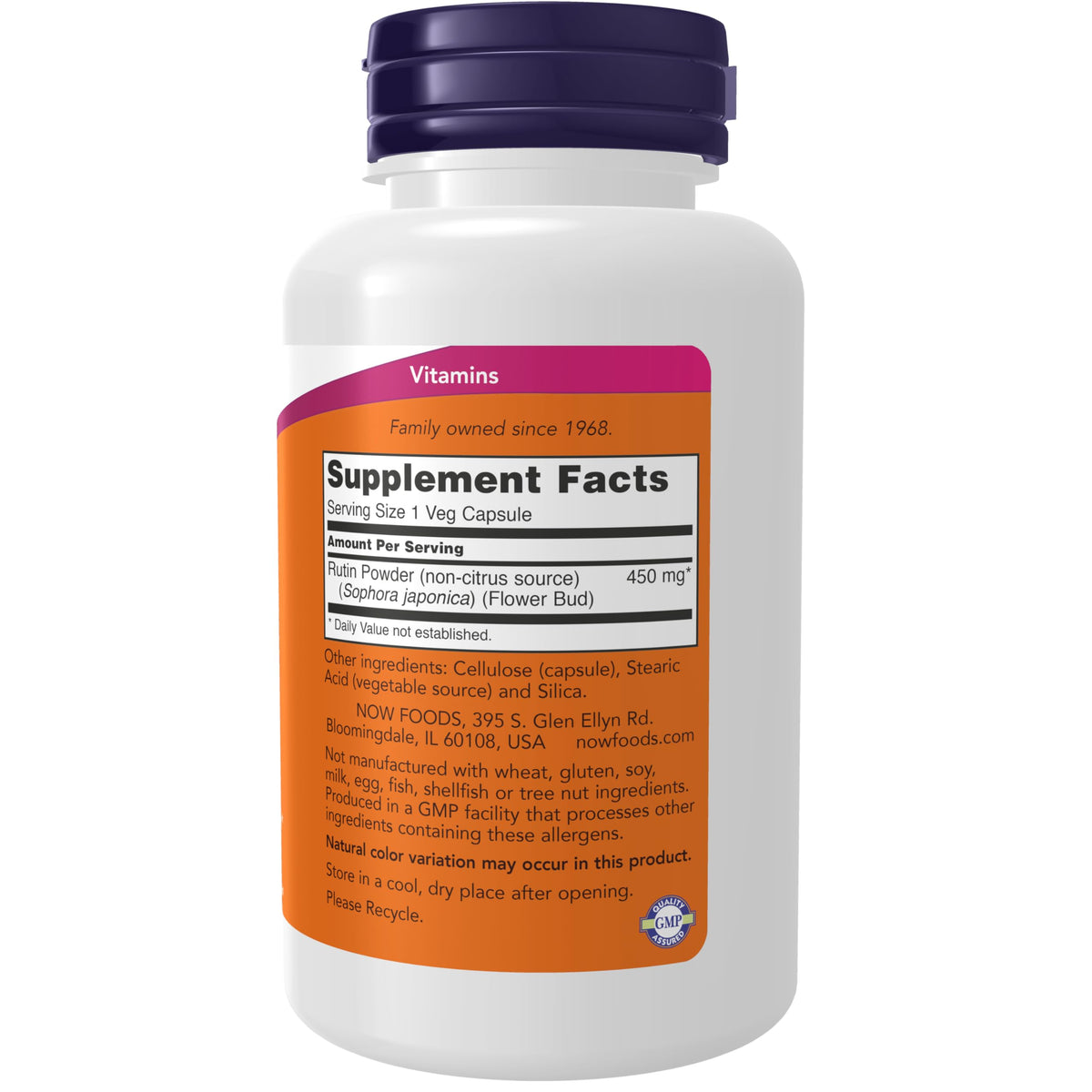 NOW Foods Rutin 450 mg capsules vue arrière avec ingrédients