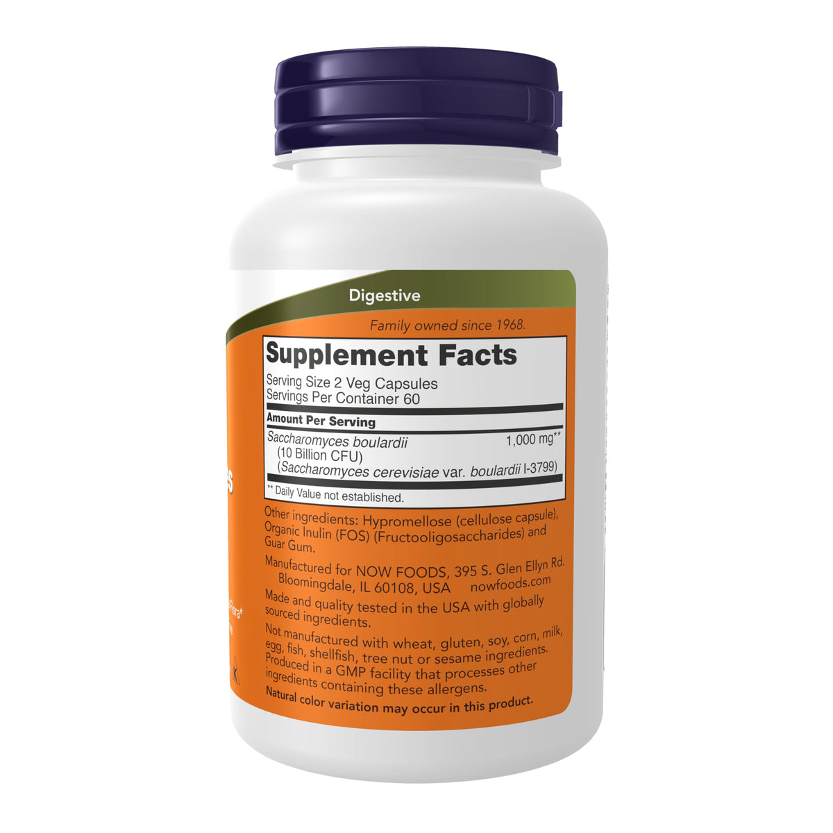 NOW Foods Saccharomyces Boulardii capsules végétales sur fond blanc