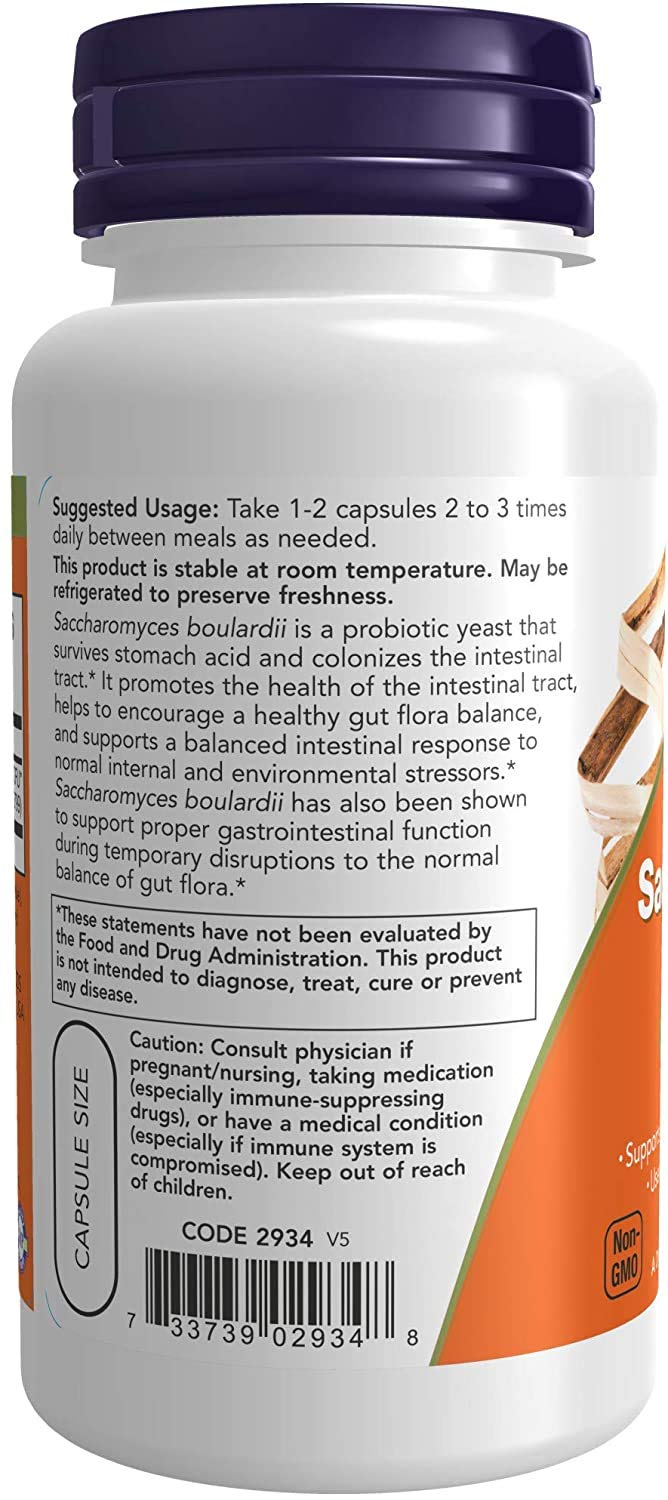 NOW Foods Saccharomyces Boulardii flacon ouvert avec capsules