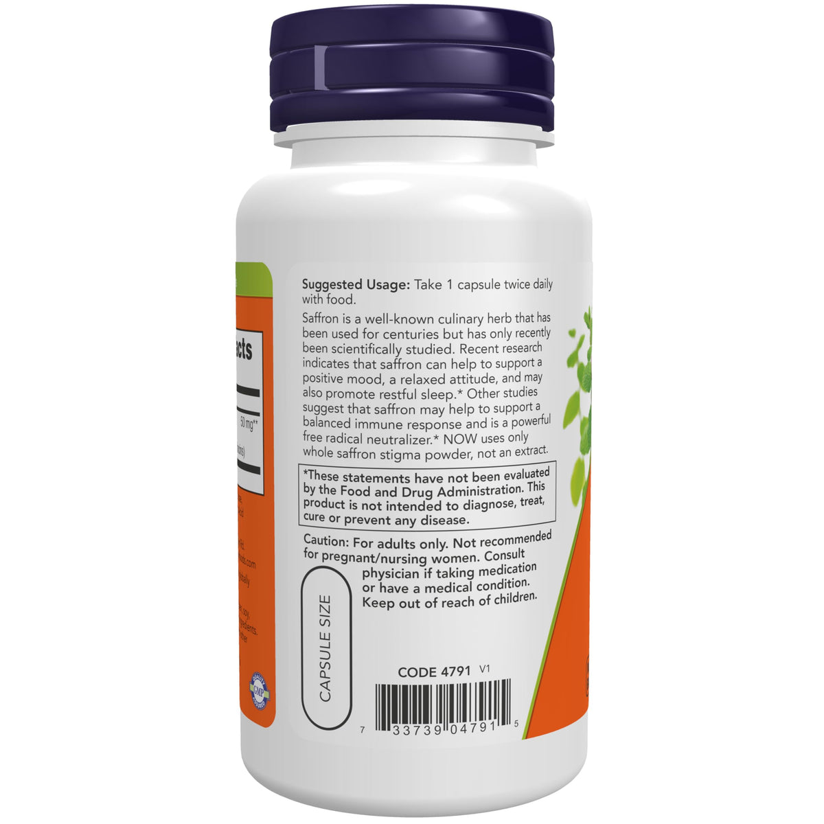 NOW Foods Saffran 50 mg 60 Capsules Végétales côté de l'emballage