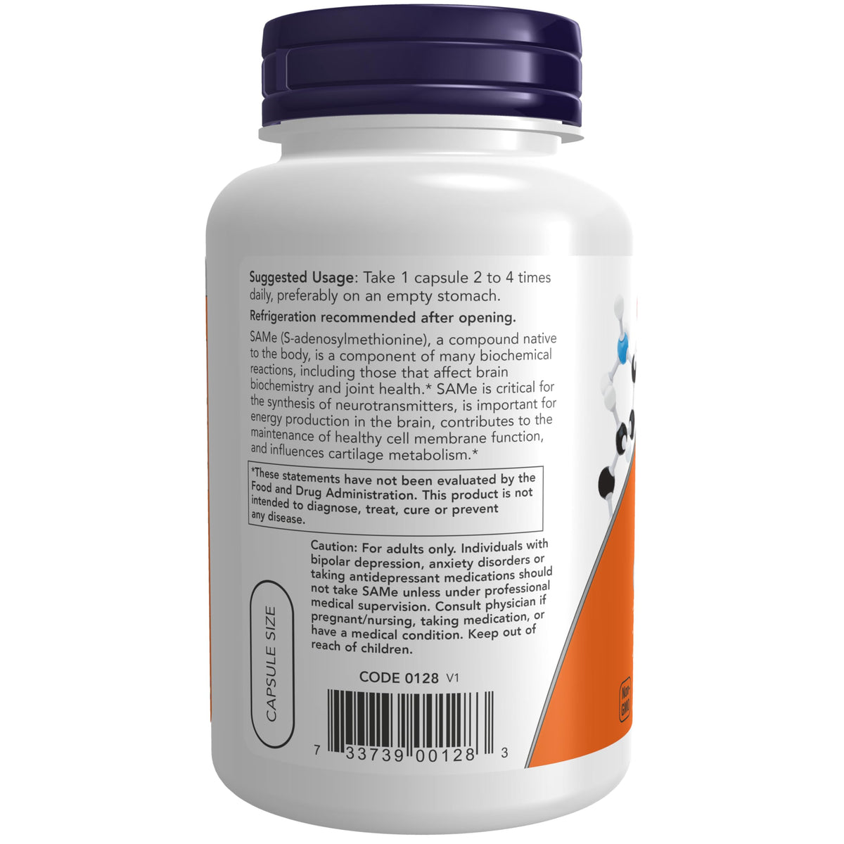 NOW Foods SAMe 200 mg Capsules ouvertes montrant la taille des capsules