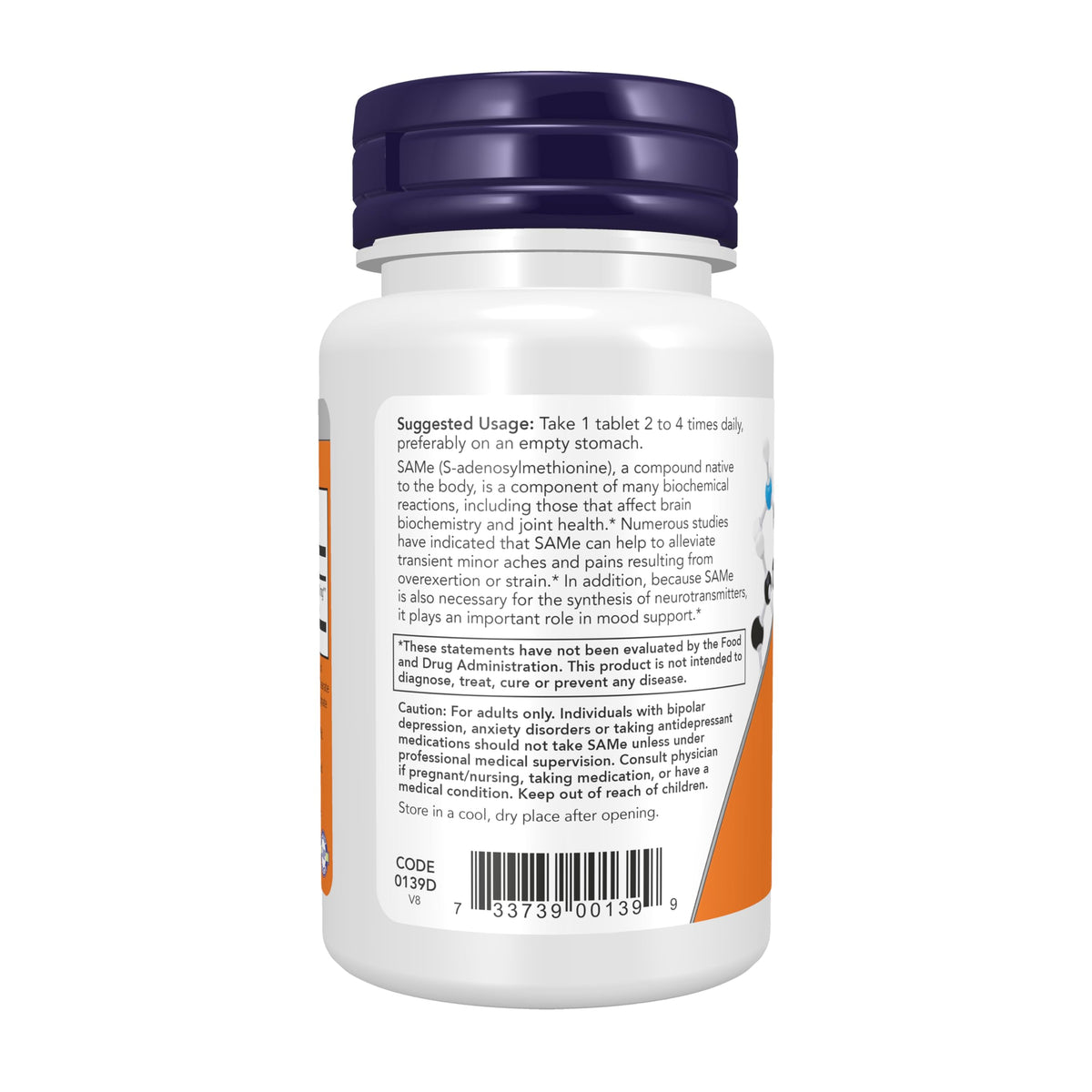 NOW Foods SAMe 400 mg comprimés ovales sur une surface en bois