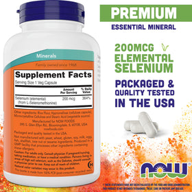 NOW Foods Sélénium 200 mcg, capsules végétales, arrière de l'emballage