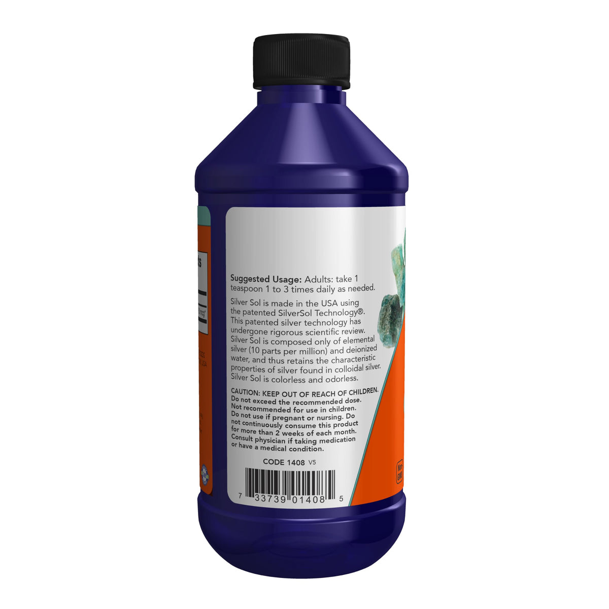 NOW Foods Silver Sol 10 PPM 8 oz bouteille vue latérale