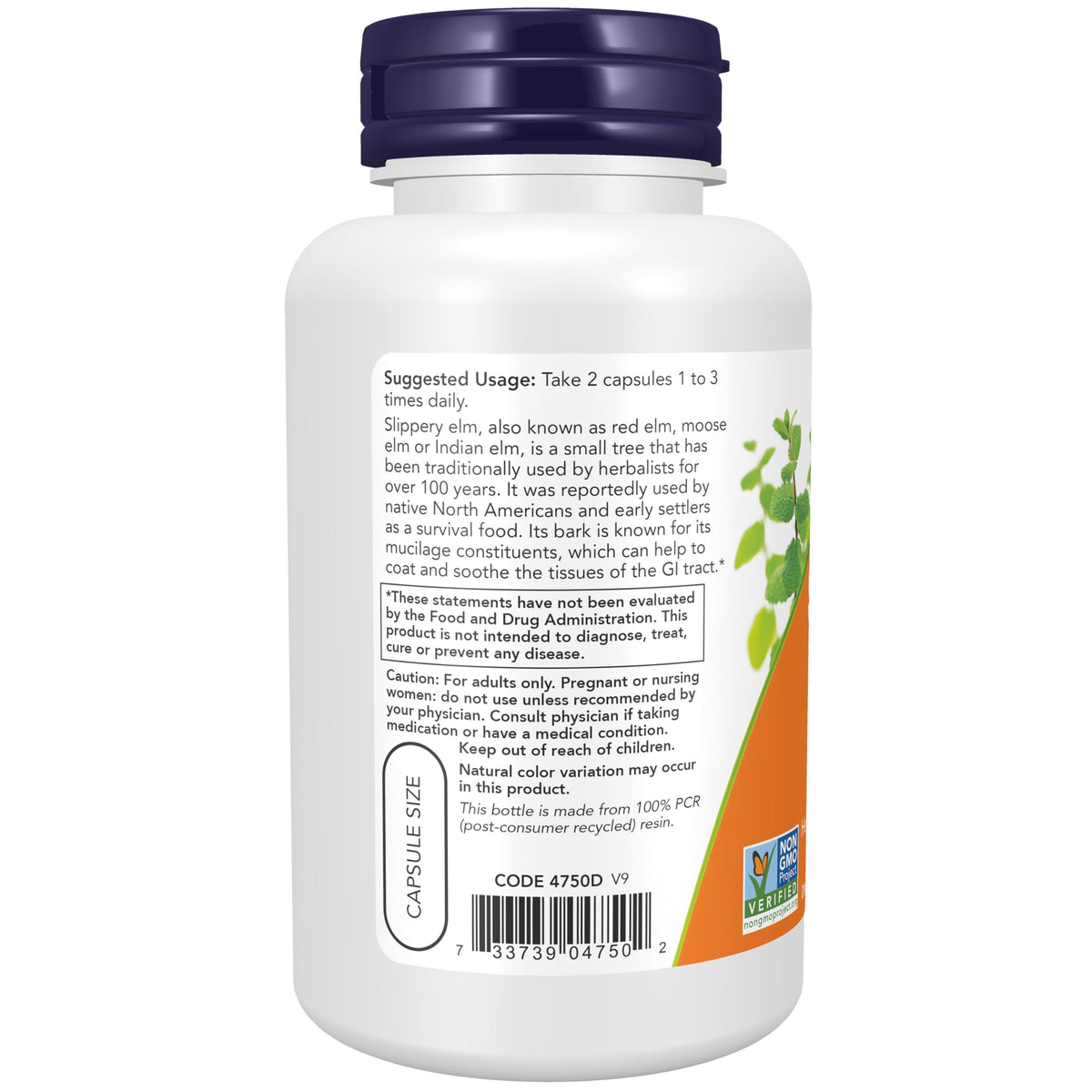 NOW Foods Slippery Elm 400mg, étiquette du produit