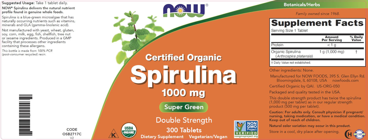 NOW Foods Spiruline Bio 1000mg comprimés sur fond blanc