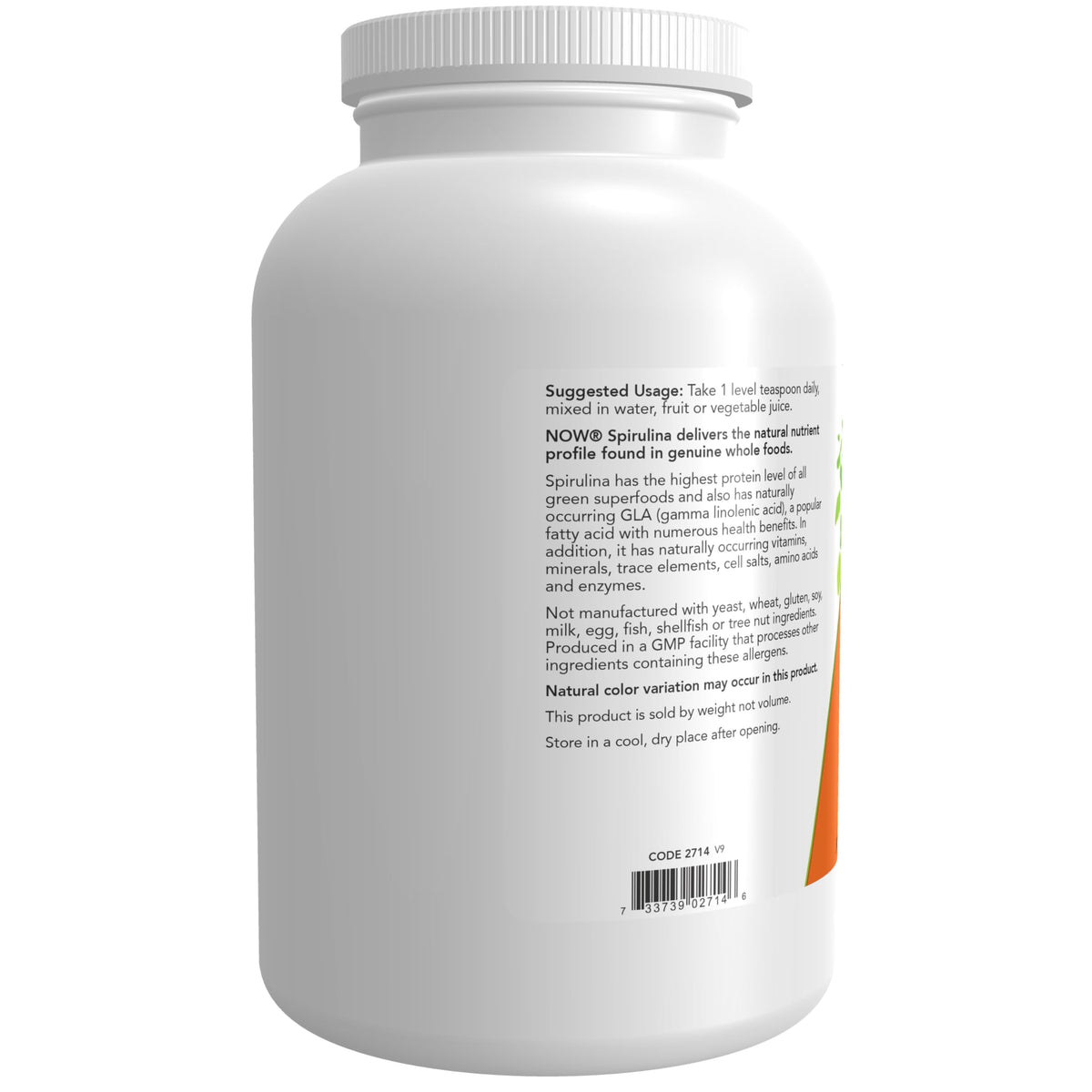 NOW Foods Spiruline Bio 531g, vue arrière avec informations nutritionnelles