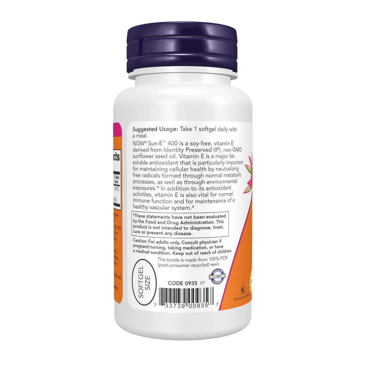 NOW Foods Sun-E™ 400 IU gélules, étiquette et informations nutritionnelles