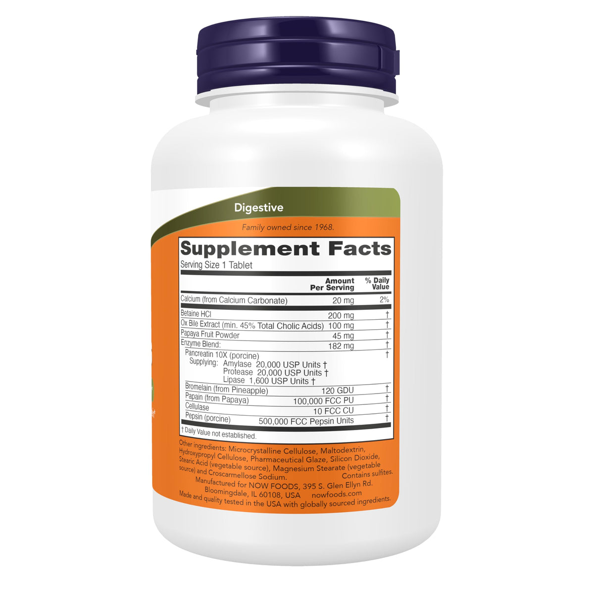NOW Foods Super Enzymes 180 Tablettes, vue arrière avec ingrédients