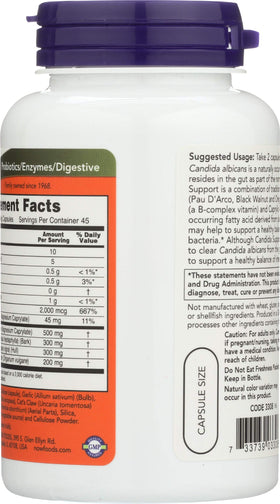 NOW Foods Support Candida 90 Vcaps, vue latérale de l'emballage