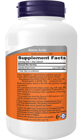NOW Foods Taurine 1 000 mg capsules végétales arrière du packaging