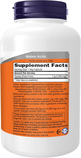 NOW Foods Taurine 1 000 mg Double Force - étiquette et détails du produit