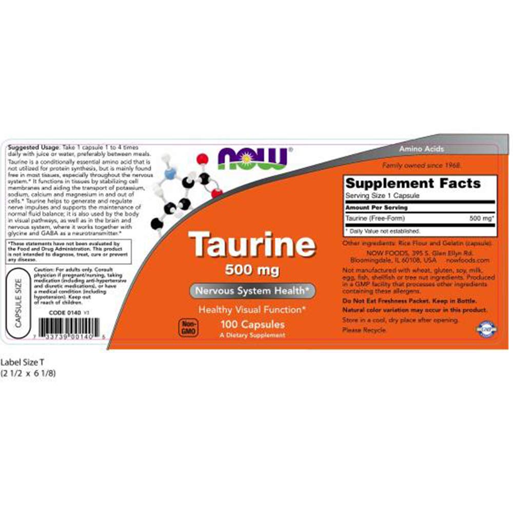 NOW Foods Taurine 500mg 100 capsules vue de côté