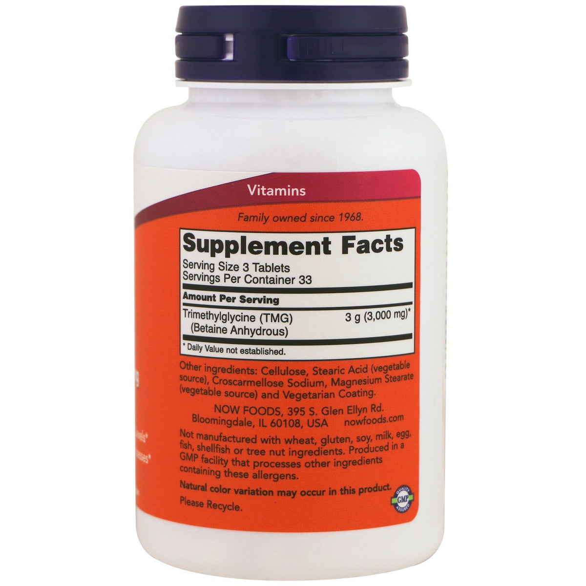 NOW Foods TMG 1000mg boîte contenant 200 tablettes, côté