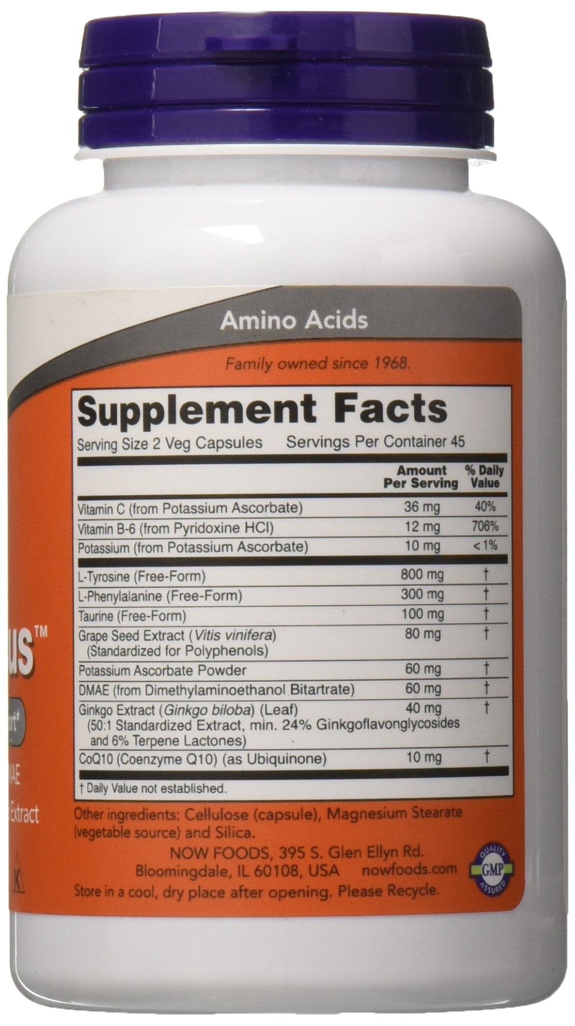 NOW Foods True Focus 90 Veg Capsules côté avec informations nutritionnelles